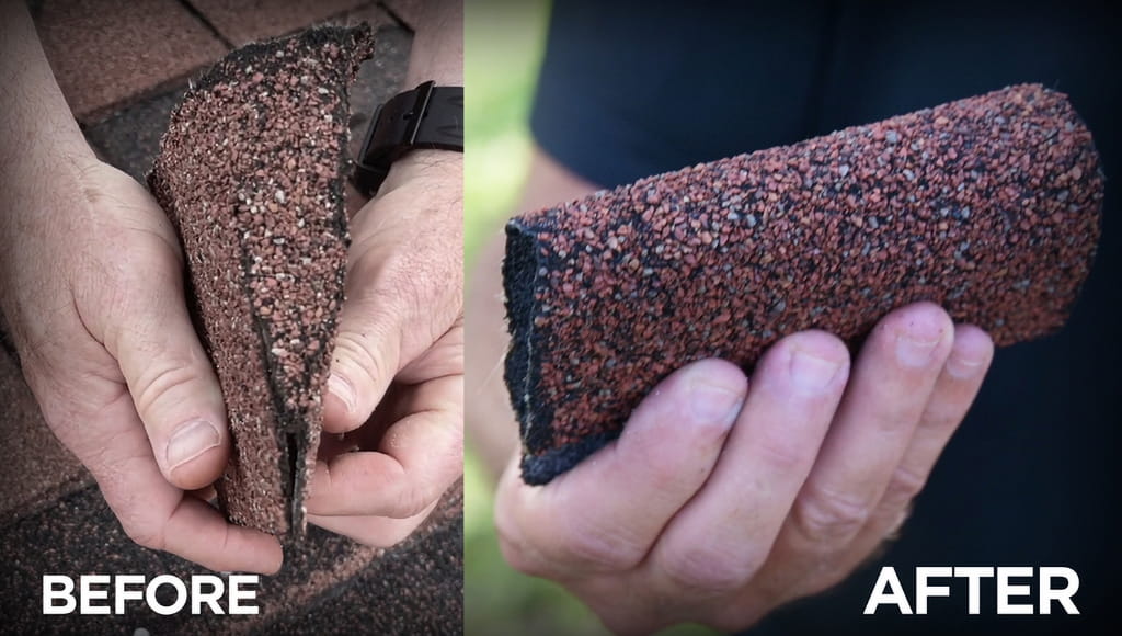 Side by side comparison of a bent brown shingle before and after Roof Maxx