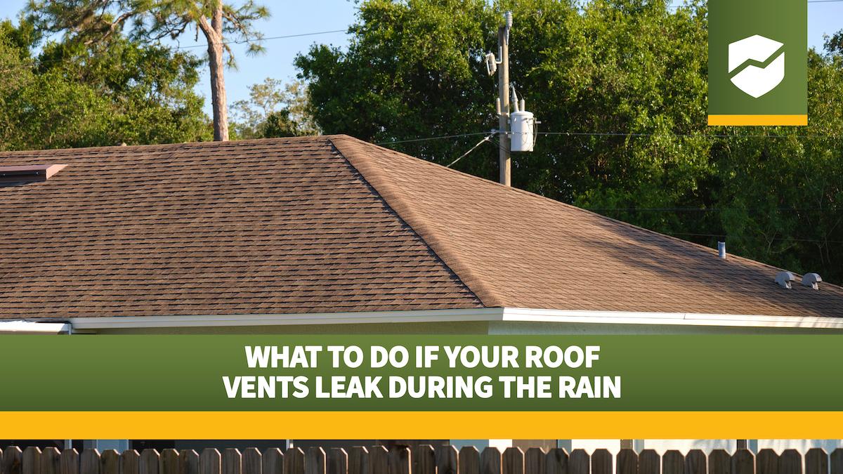 Title card with the Roof Maxx logo and title "What to Do if Your Roof Vents Leak During the Rain" on an image of residential roofs with roof vents