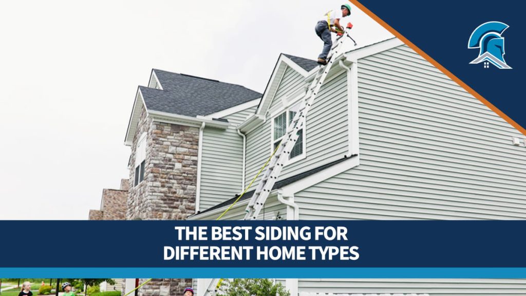 A roofer climbing a ladder on a house with narrow style siding.