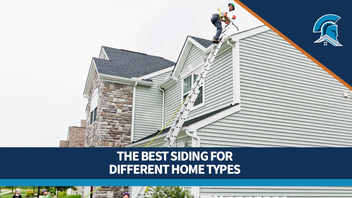 A roofer climbing a ladder on a house with narrow style siding.