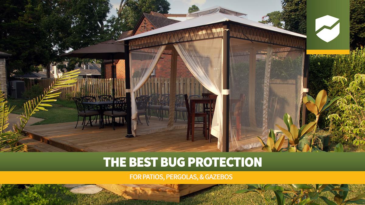 Roof Maxx logo and title "The Best Bug Protection for Patios, Pergolas, & Gazebos" over a background image of a modern pergola with screens raised.