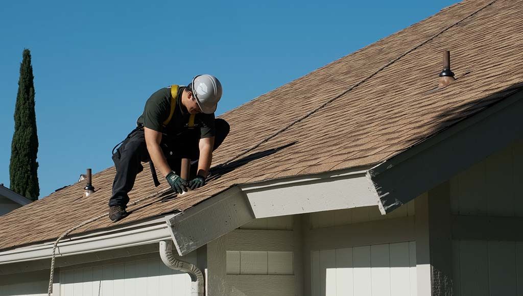 A Roof Maxx dealer stands on top of a roof inspecting shingle damage.