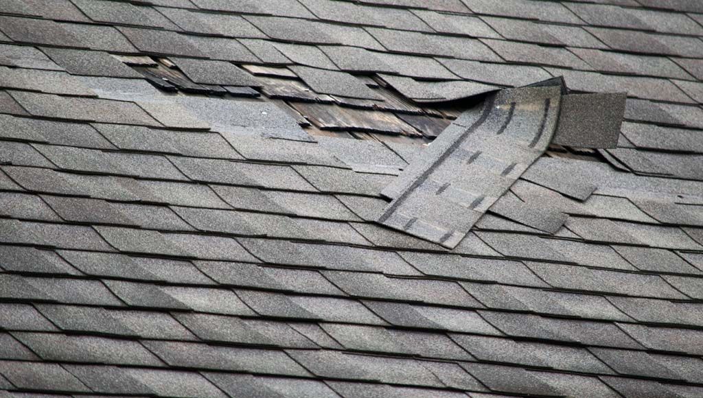 Damaged shingles on roof of home.