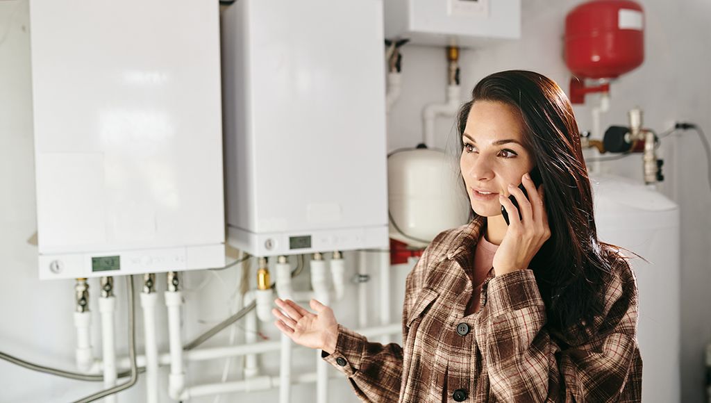Woman on the phone standing near her gas intake lines in the basement