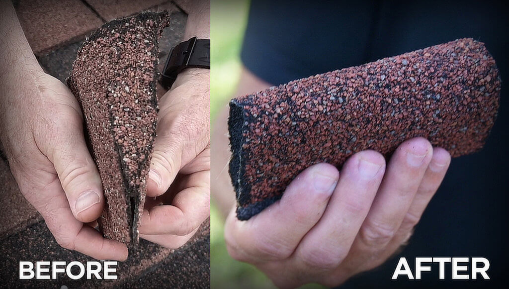 Before and after comparison of asphalt shingles showing the restoration results from Roof Maxx treatment.