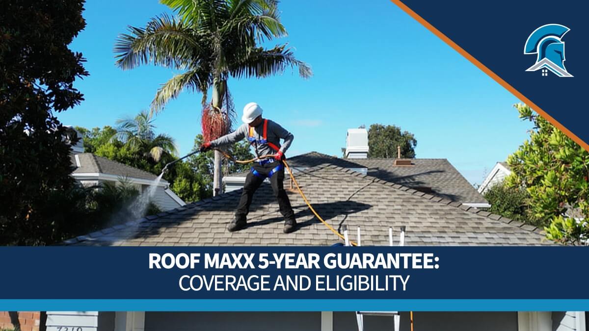 Roof Maxx 5-year guarantee coverage and eligibility promotional banner with dealer spraying roof.